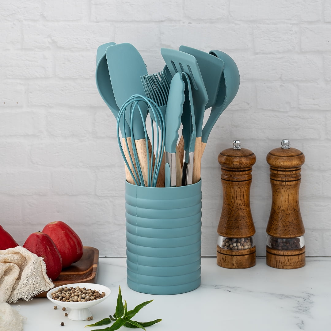 KSENDALO Small Silicone Cooking Utensils with Holder Set (12Pack), Aqua Kitchen Tools with Wooden Handle for Nonstick... - Image 2