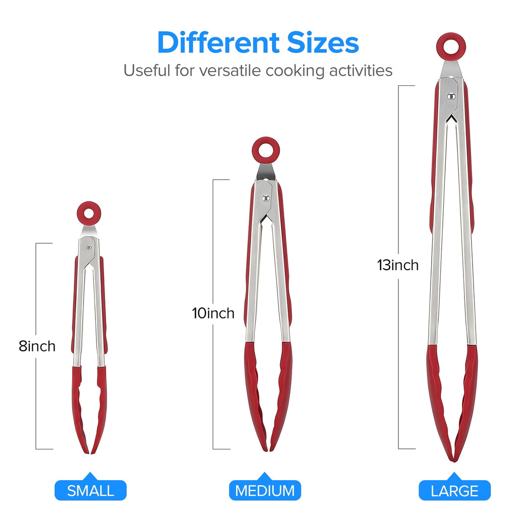 Bundlepro Stainless Steel Kitchen Locking Cooking Tongs with Silicone Tips,Set of 3-7" 9" 12", Red - Image 2