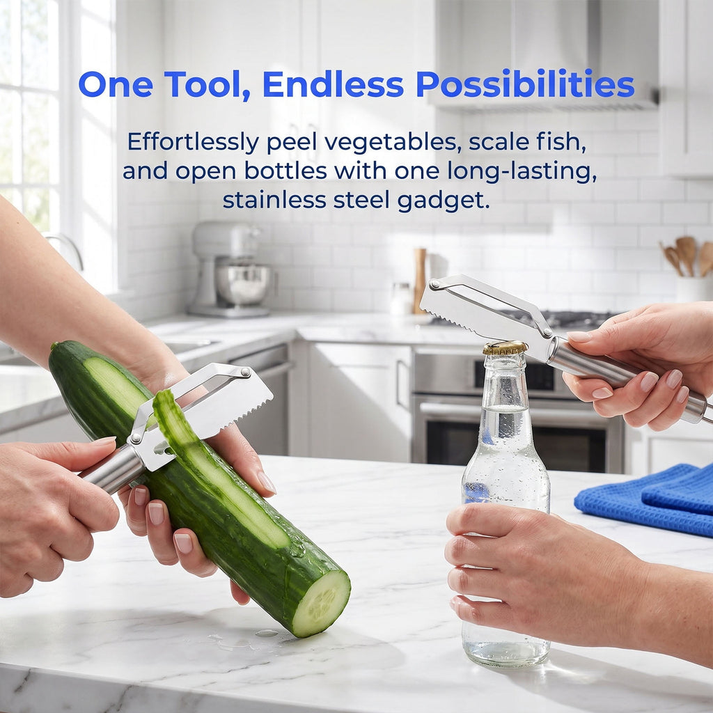 Fountwell 3-in-1 Stainless Steel Peeling Knife – Multifunctional Fruit & Vegetable Peeler, Beer Bottle Opener, Fish S... - Image 3