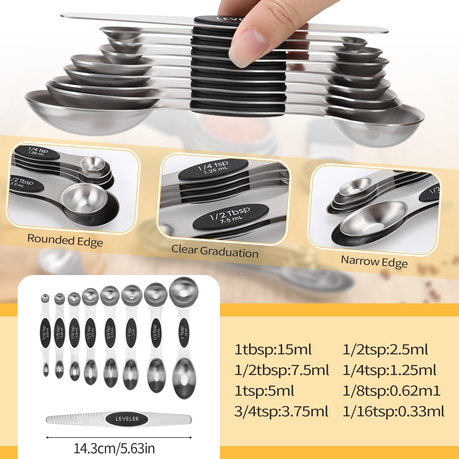 AOWOO 17 Pieces Measuring Cups and Magnetic Measuring Spoons Set Stainless Steel, 8 Measure Cups with Silicone Handle... - Image 2