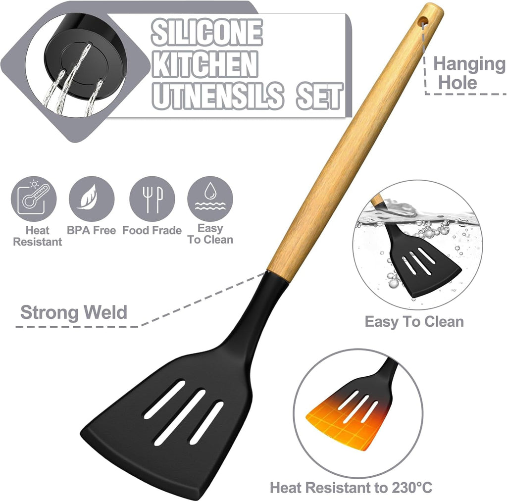 Kitchen Utensil Set, AOKIWO 34Pieces Silicone Cooking Utensil Set with Wooden Handle, Heat Resistant Spatula Set Gadg... - Image 5