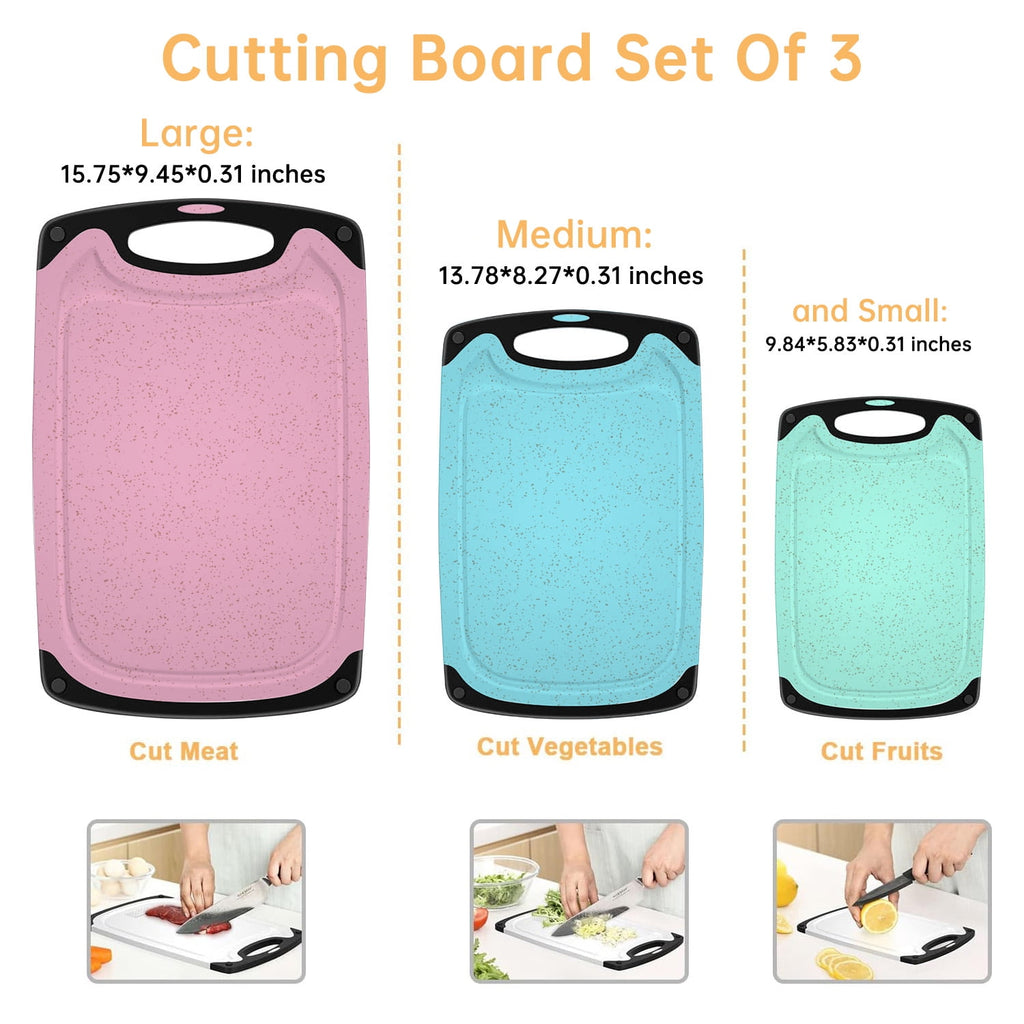 GPED 3-Piece Plastic Cutting Board Set, Durable Cutting Boards for Kitchen with Non Slip Handles and Juice Groove, Id... - Image 6