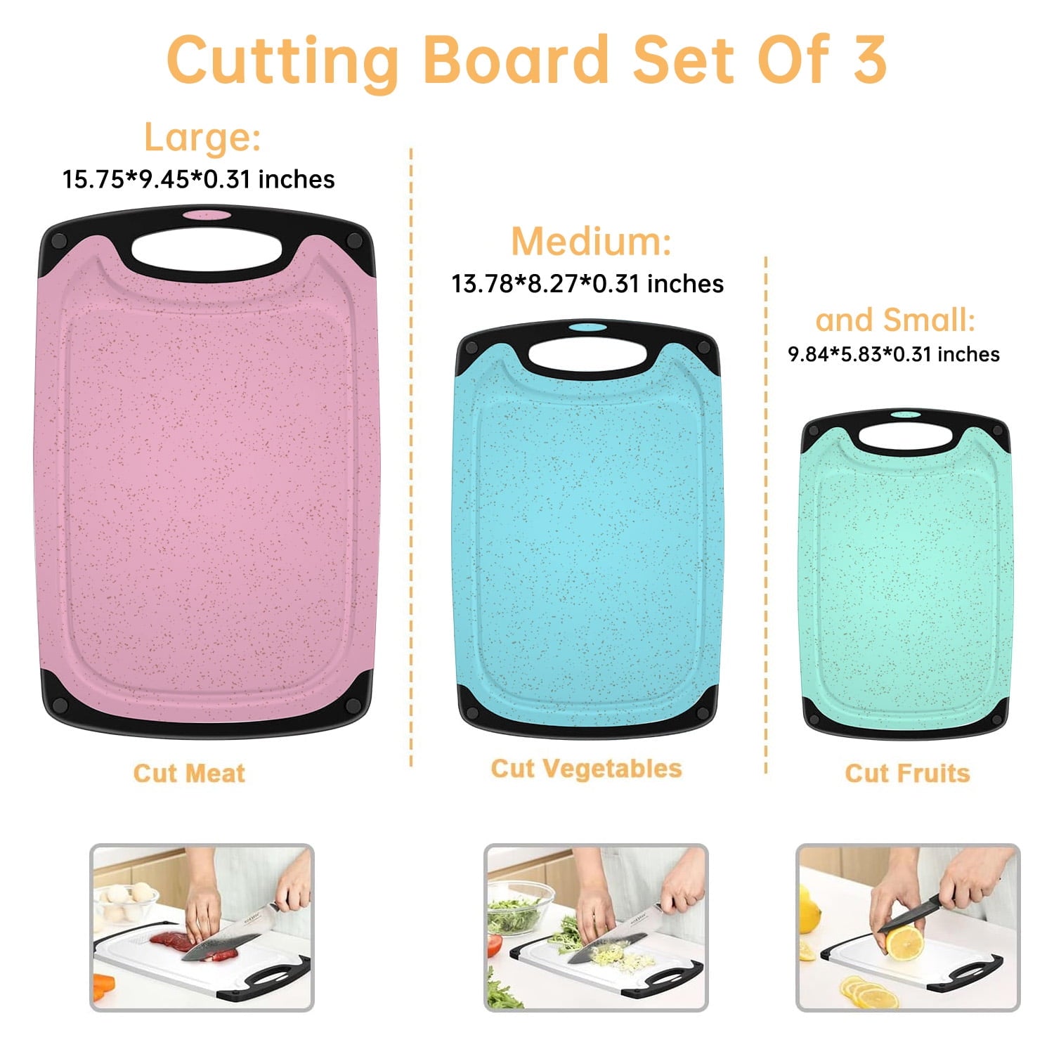GPED 3-Piece Plastic Cutting Board Set, Durable Cutting Boards for Kitchen with Non Slip Handles and Juice Groove, Id... - Image 6