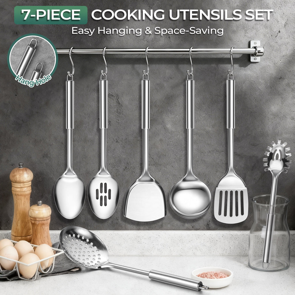 Walchoice Kitchen Utensils Set, 7 PCS Stainless Steel Cooking Tools, Metal Kitchen Tools Set, Heat Resistant & Dishwa... - Image 6