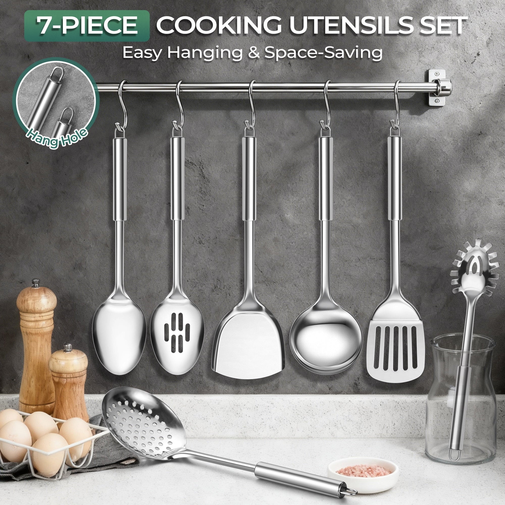 Walchoice Kitchen Utensils Set, 7 PCS Stainless Steel Cooking Tools, Metal Kitchen Tools Set, Heat Resistant & Dishwa... - Image 6