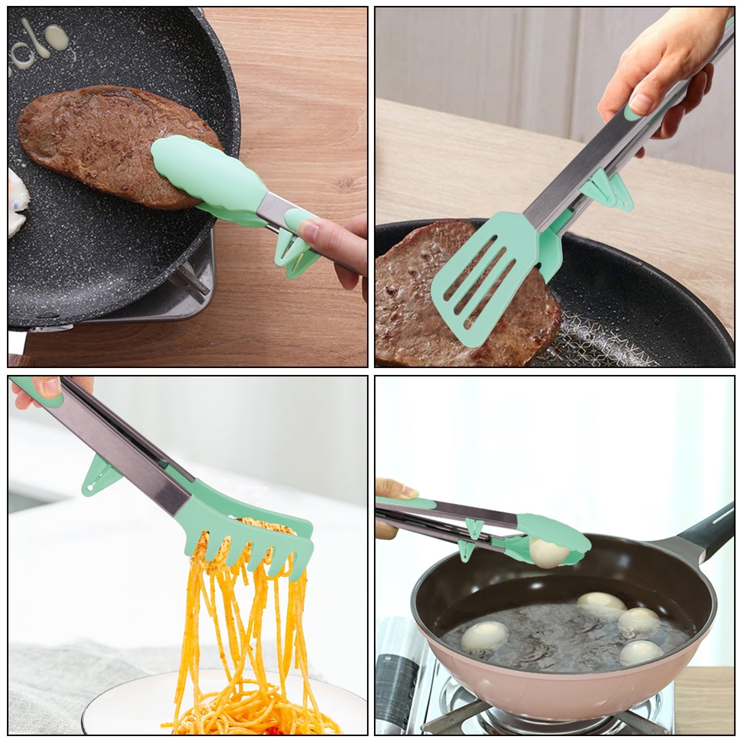 4in1 Stainless Steel Kitchen Food Tongs Set for Cooking with BPA Free Silicone Tips, Toaster Steak Pie Pizza Pasta Sp... - Image 4