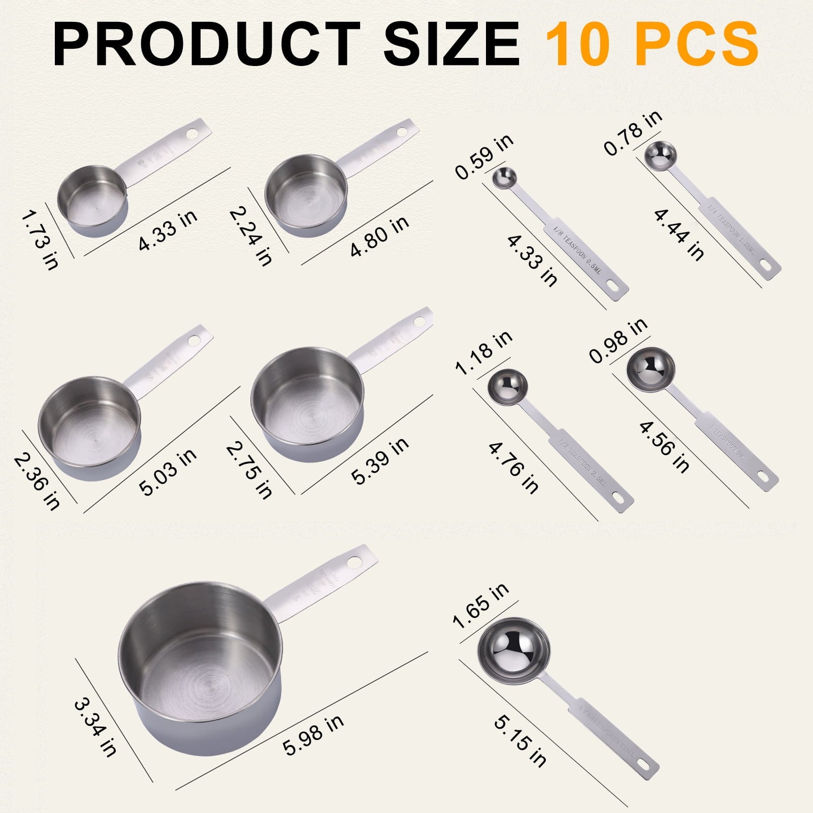Measuring Cups and Spoons Set of 10, 5 Stainless Steel Cups and 5 Spoons for Kitchen Cooking Baking - Image 3