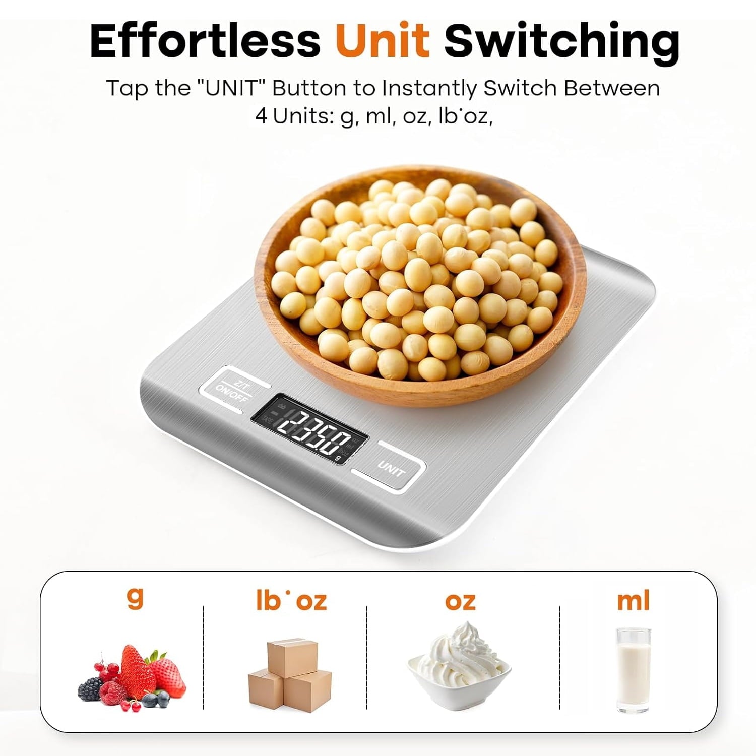 Food Scale, 22lb Kitchen Scale with 4 Units Tare Function & LCD Display, 0.1oz/1g Stainless Steel Digital Food Scale ... - Image 4