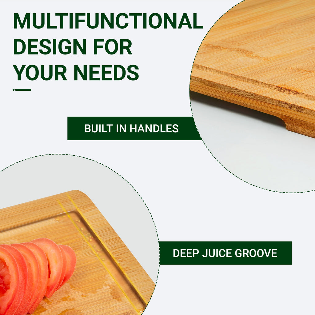 Kikcoin Bamboo Cutting Boards for Kitchen, with Deep Juice Groove and Inner Handle, 17.1" x 11.4" - Image 6