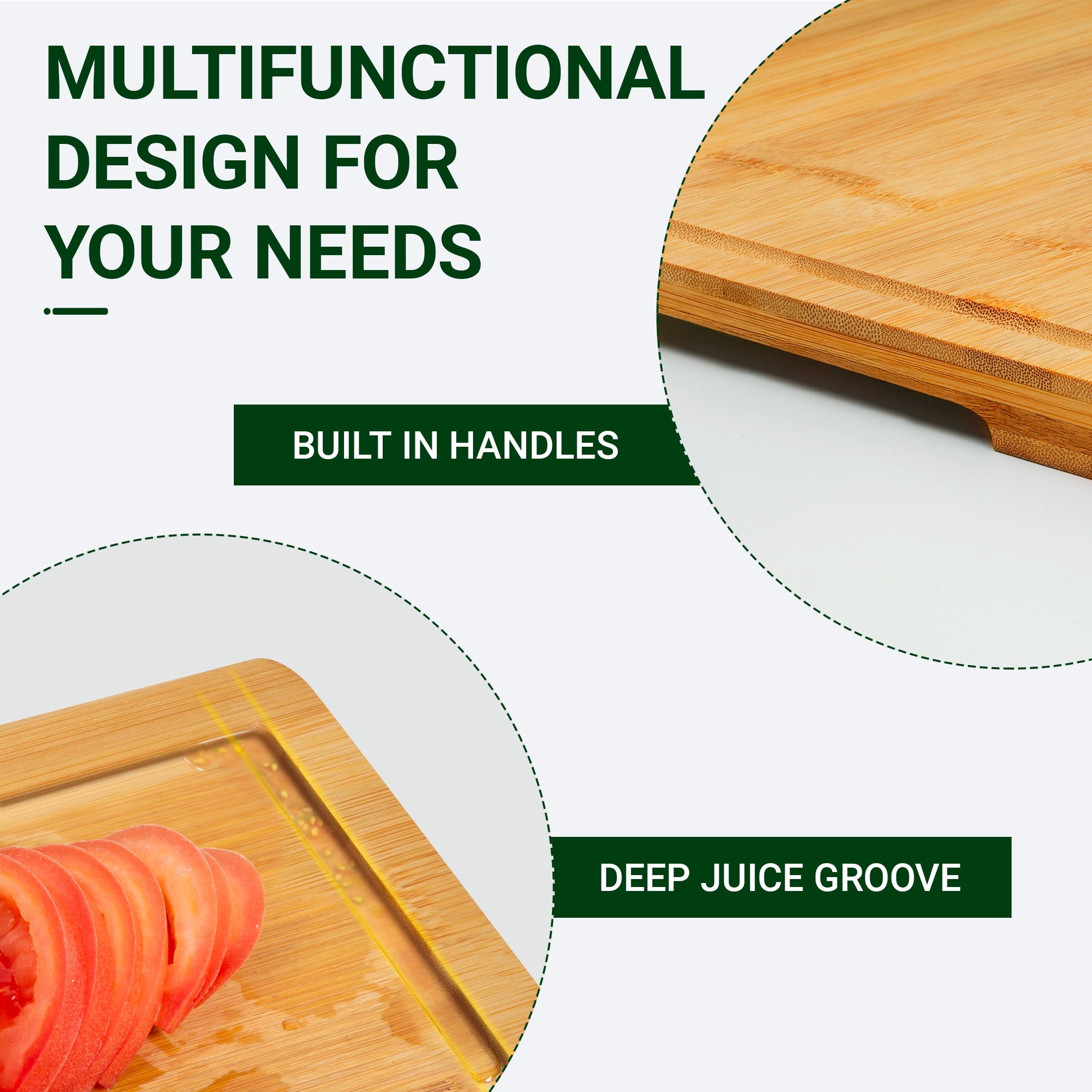 Kikcoin Bamboo Cutting Boards for Kitchen, with Deep Juice Groove and Inner Handle, 17.1" x 11.4" - Image 6