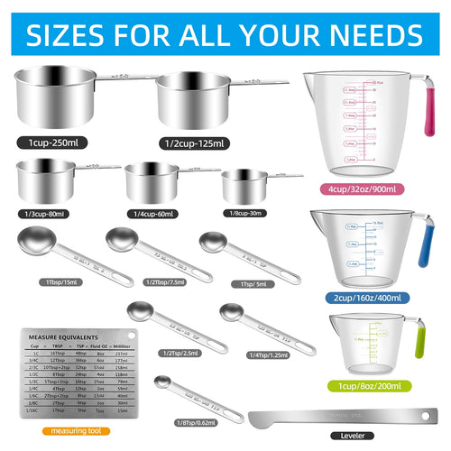 Godance 16-Piece Measuring Cups and Spoons Set, Nesting Stainless Steel Measuring Cups Spoons with 3 Plastic Measurin... - Image 2
