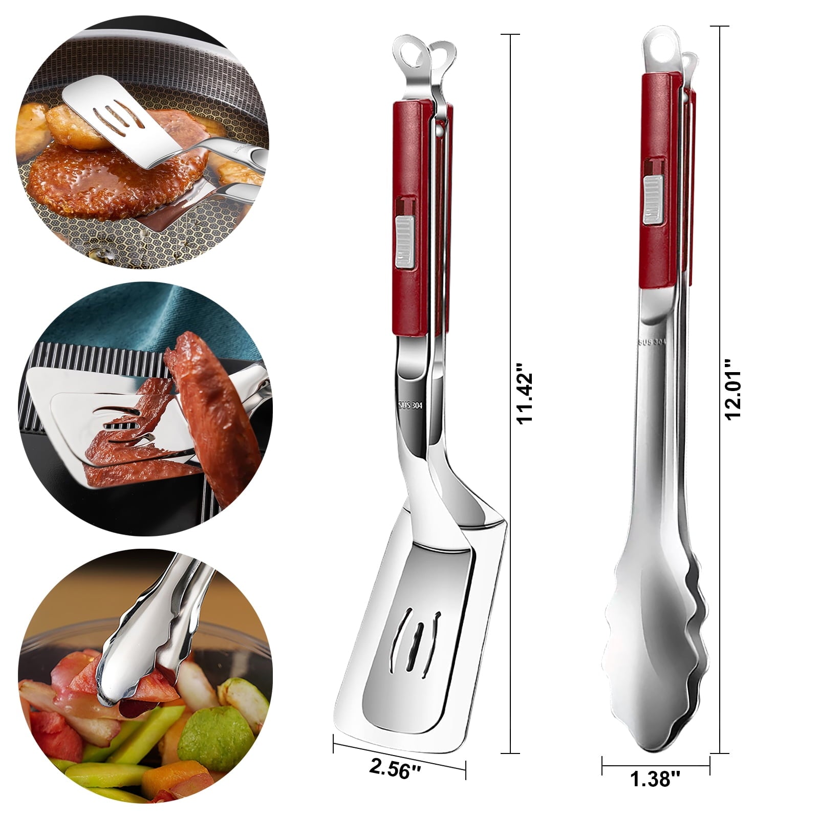 AGCAN Grill Tongs, Stainless Steel Spatula Tongs for Cooking, Grilling, Salad, 2 Pcs Turner Tong Set, 12"(Red) - Image 2