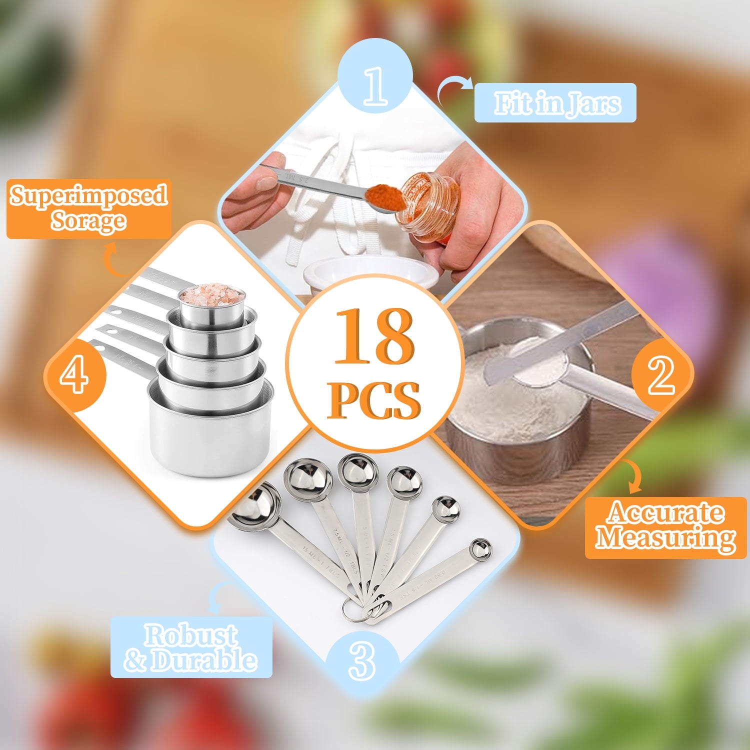WEPSEN 18-Piece Stainless Steel Measuring Cups and Spoons Set,5 Stainless Steel Nesting Measuring Cups & 6 Spoons,1 L... - Image 3