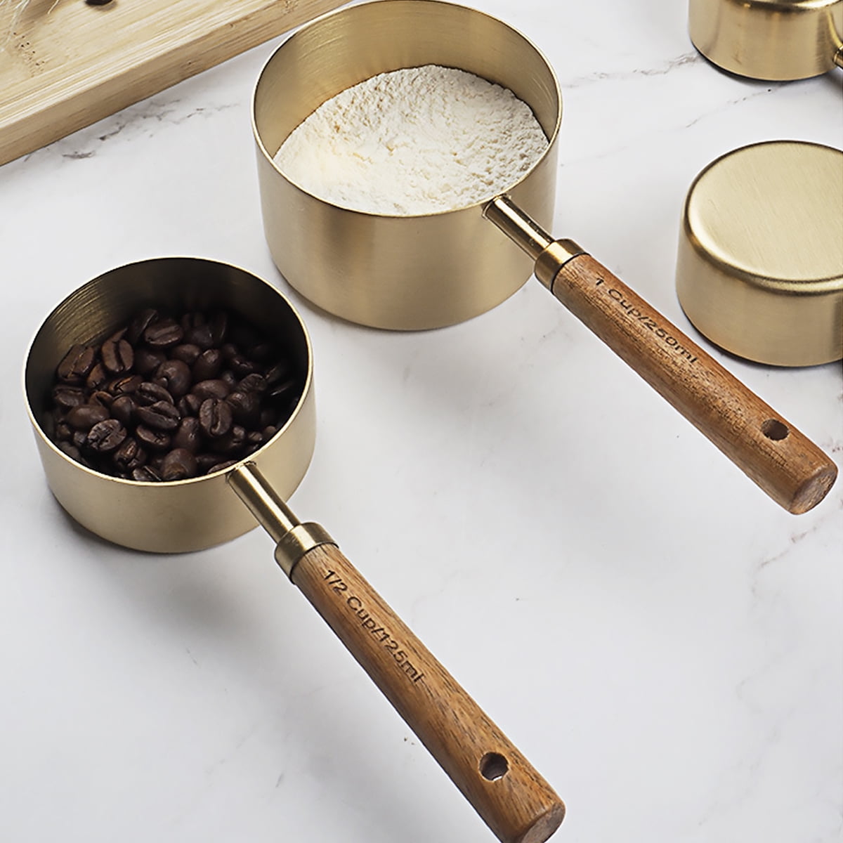 8Pcs Measure Cup and Spoon Set Gold Measuring Cup Spoon Set with Wooden Handle Stainless Steel Stackable Kitchen and ... - Image 5