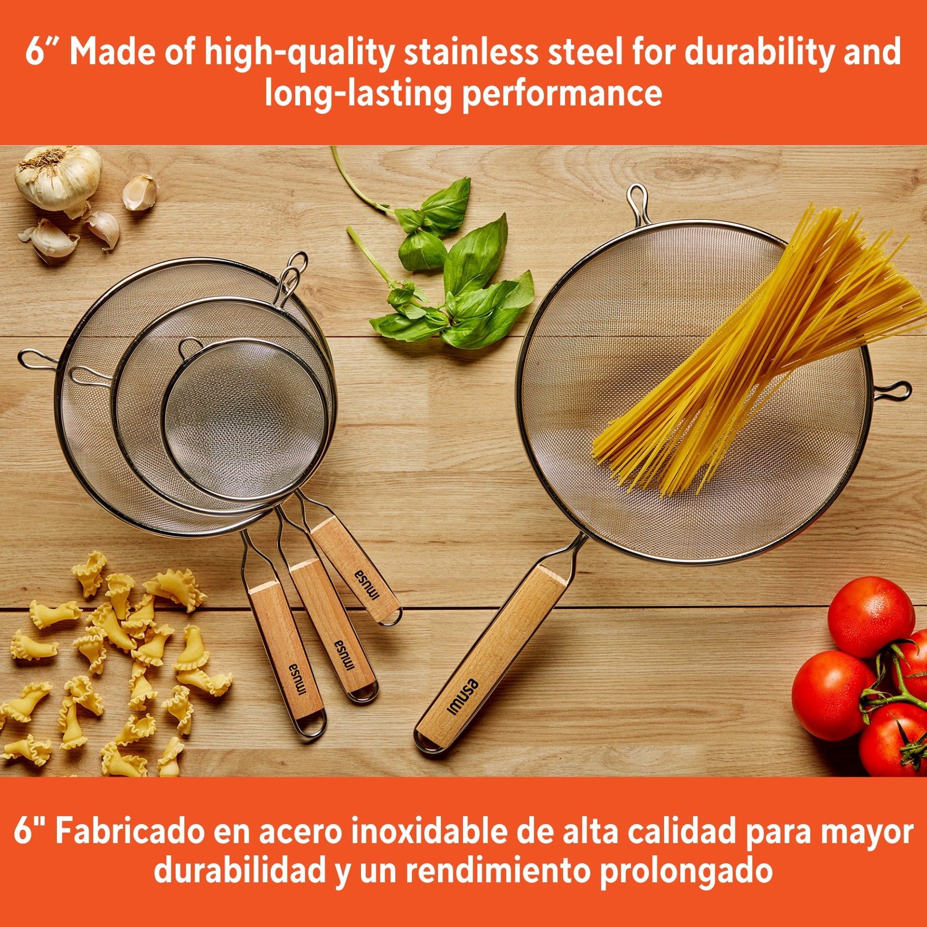 IMUSA 6in Stainless Steel Strainer with Wood Handle - Image 3