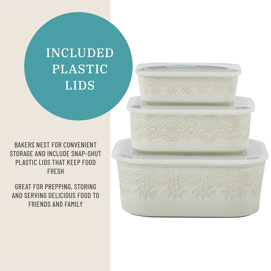The Pioneer Woman Vintage Lace 6-Piece Nesting Casserole Baking Dish Bakeware Set with Lids, Linen - Image 6