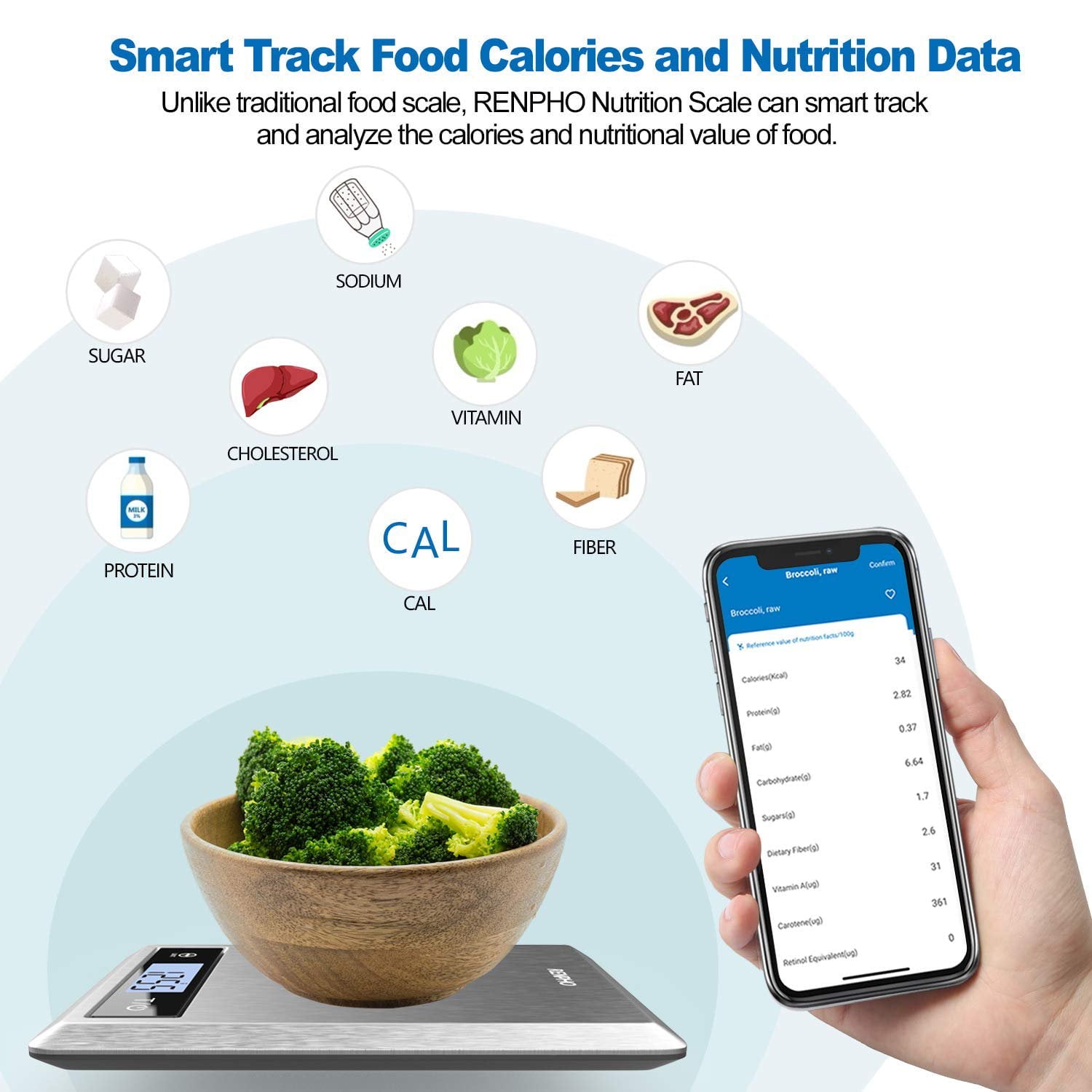 RENPHO Digital Food Scale with App, Bluetooth Smart Kitchen Scale, Stainless Steel - Image 3