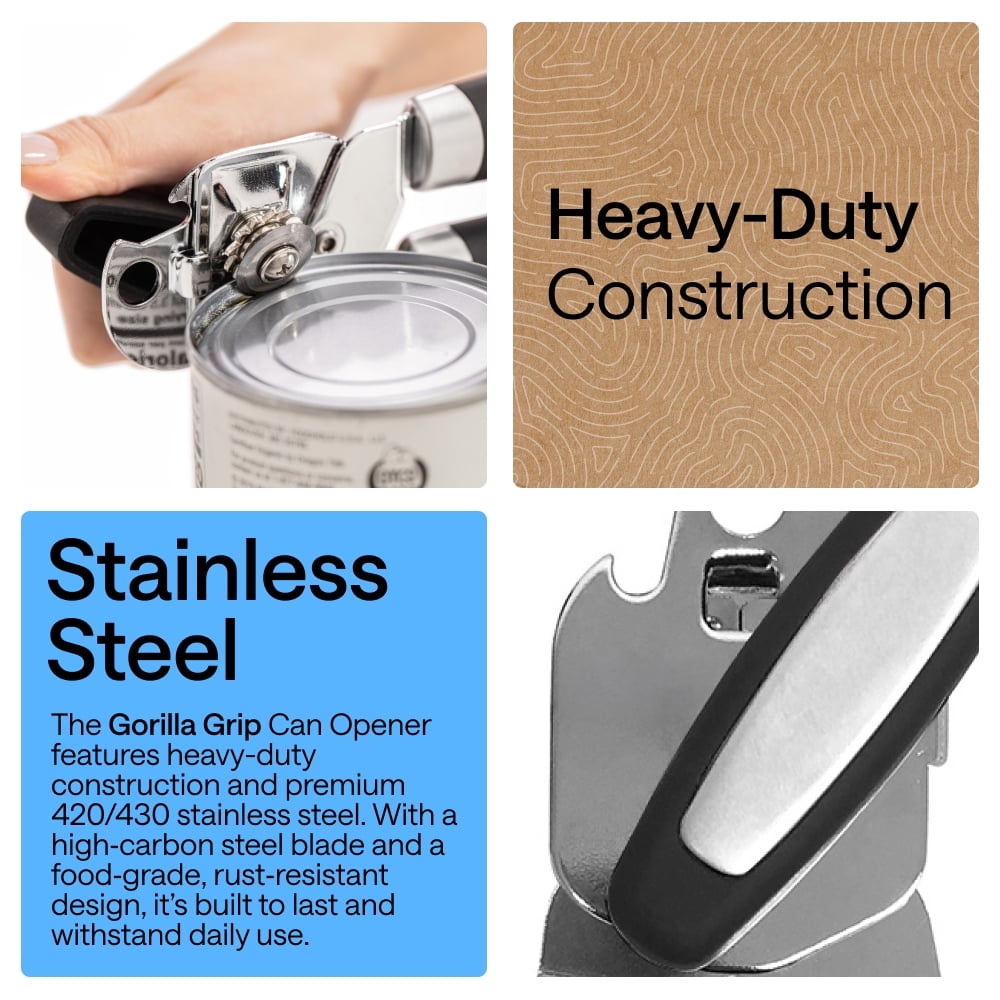GORILLA GRIP Stainless Steel Manual Can Opener, Soft Touch Handle, Built-In Bottle Opener, Black - Image 3