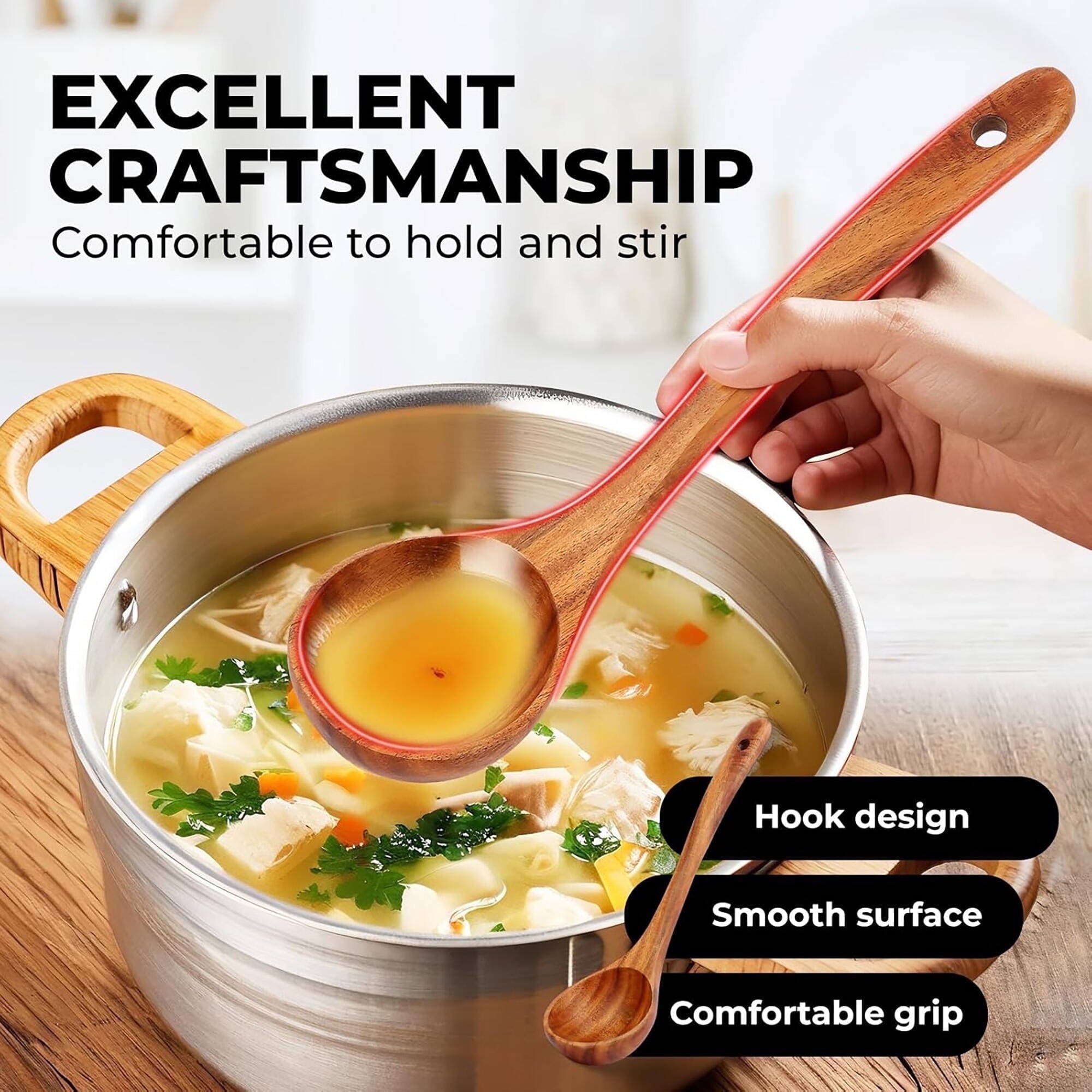 ACMETOP 6-Piece Natural Teak Wooden Spoons for Cooking With 10 Hooks，Handcrafted Kitchen Utensils Set ，Ideal Gift Set - Image 6