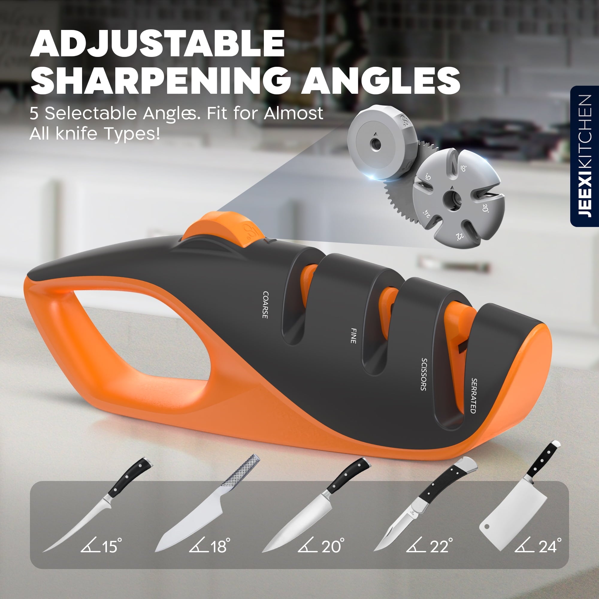 JEEXI Adjustable 3-Stages Knife Sharpener 5 Angle Manual Sharpener for Kitchen, Chef, Hunting, Fillet, Pocket, Cleave... - Image 2