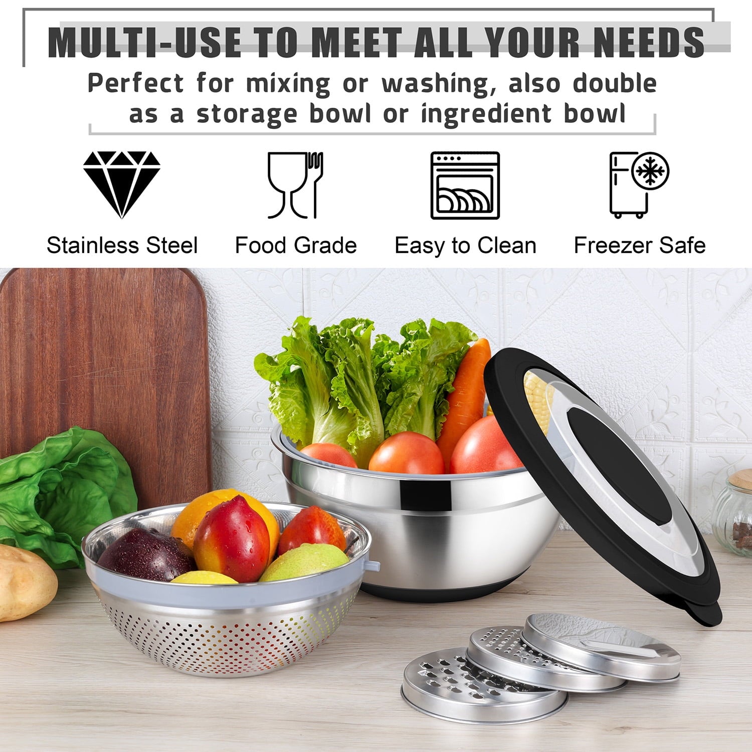 Vesteel Colander with Mixing Bowl Set, 4 in 1 Stainless Steel Food Strainer with Airtight Visible Lid and 3 Graters, ... - Image 3