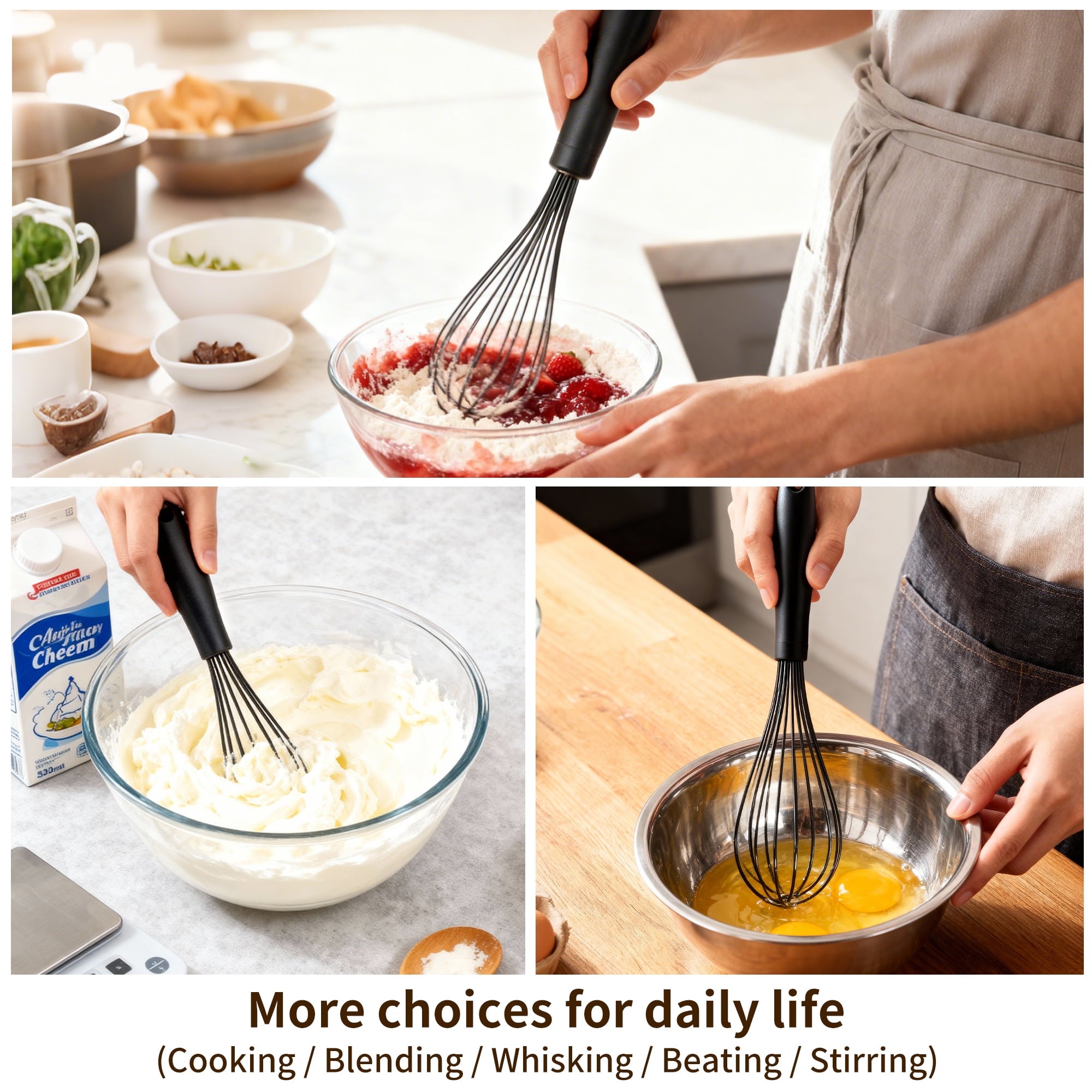 Silicone Wire Whisk, MOJINO Egg Beater Set of 3, Non Scratch Stainless Steel Kitchen Whisks for Cooking, Blending, Be... - Image 6