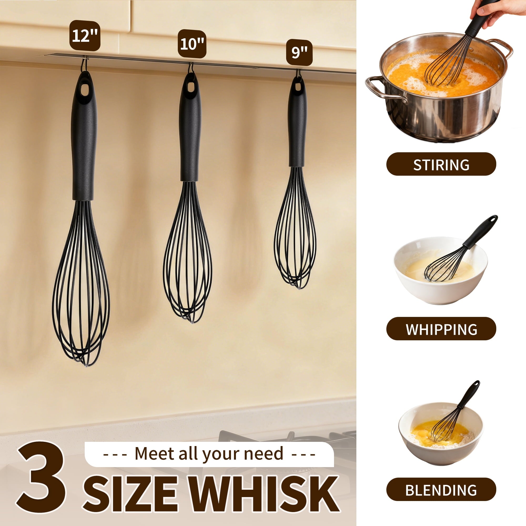 Silicone Wire Whisk, MOJINO Egg Beater Set of 3, Non Scratch Stainless Steel Kitchen Whisks for Cooking, Blending, Be... - Image 3