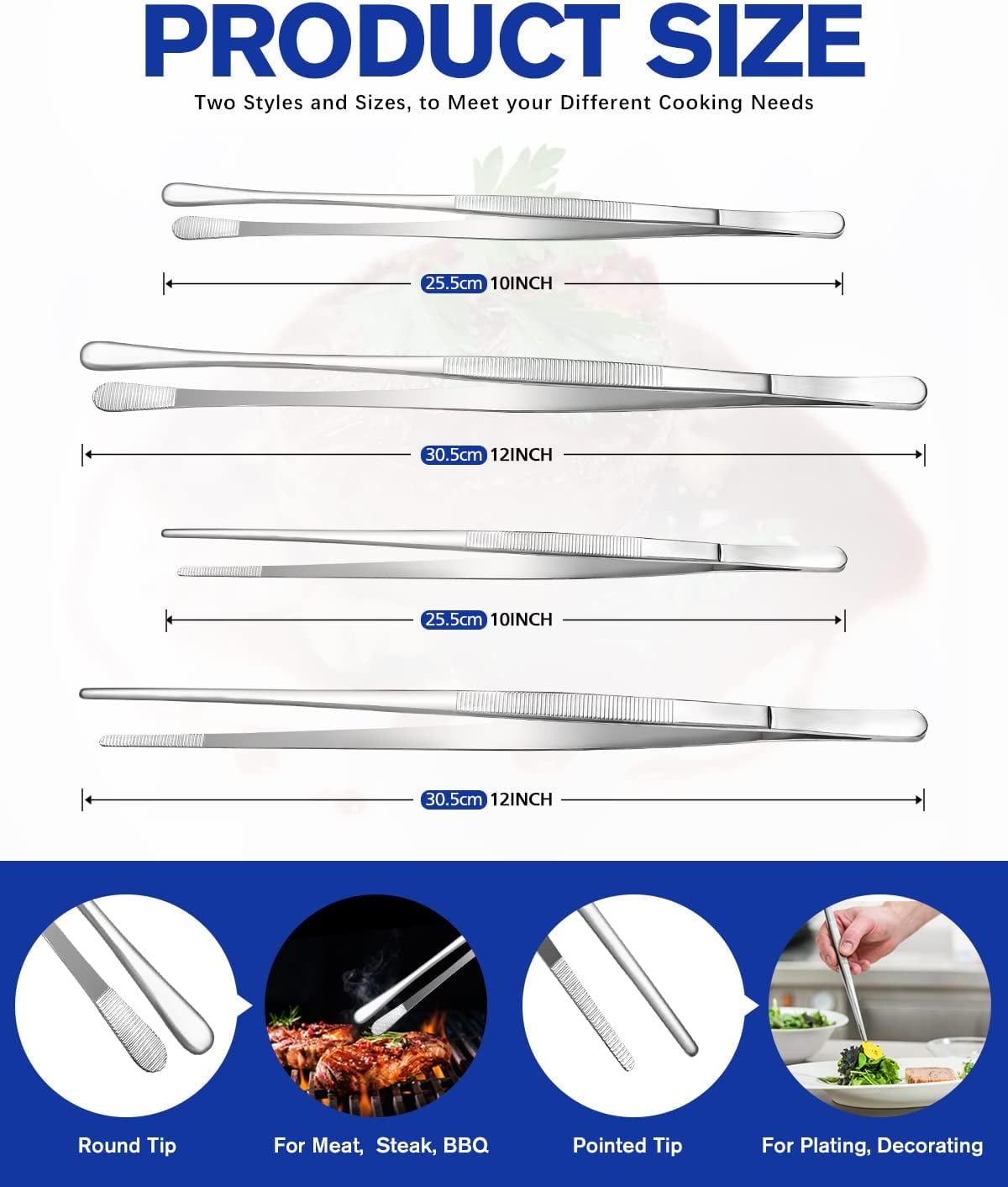 Bundlepro 4 Pcs 10'' 12'' Kitchen Fine Tweezers Tongs for Grilling Cooking Serving,Hand Wash,Silver - Image 6