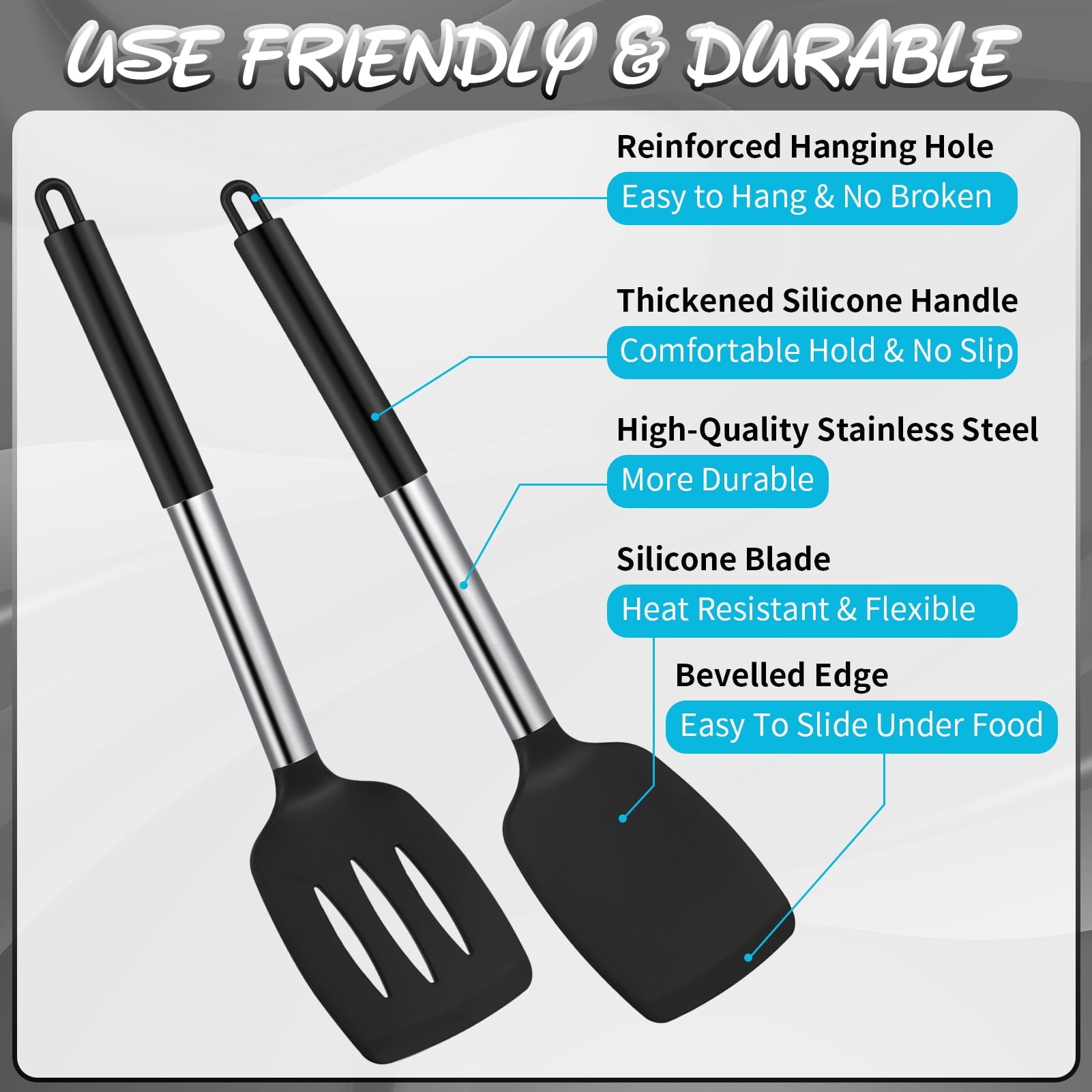 sixwipe Silicone Cooking Spatulas and Spoons, 4 Pack Heat Resistant Silicone Cooking Utensils Set, Non-stick Large Ki... - Image 3