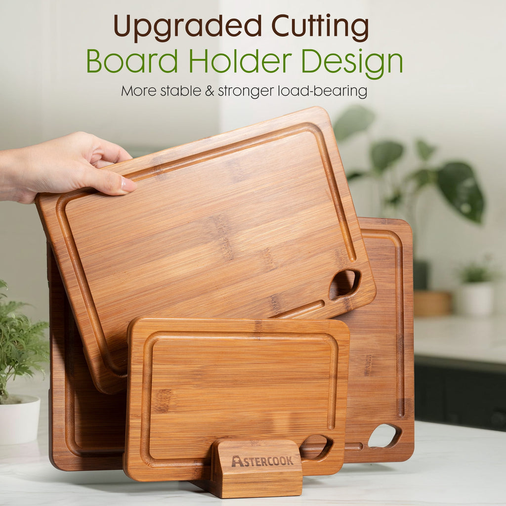 Astercook 4-Pieces Wood Cutting Board, Bamboo Chopping Board for Kitchen with Holder, Cutting Boards Set with Juice G... - Image 6