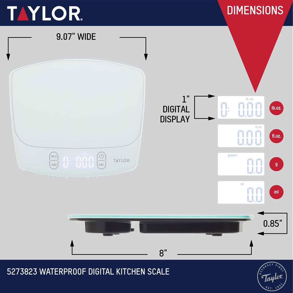 Taylor 11lb Waterproof Digital Kitchen Scale and Food Scale for Baking, Cooking, Meal Prep and Portion Sizing White - Image 3