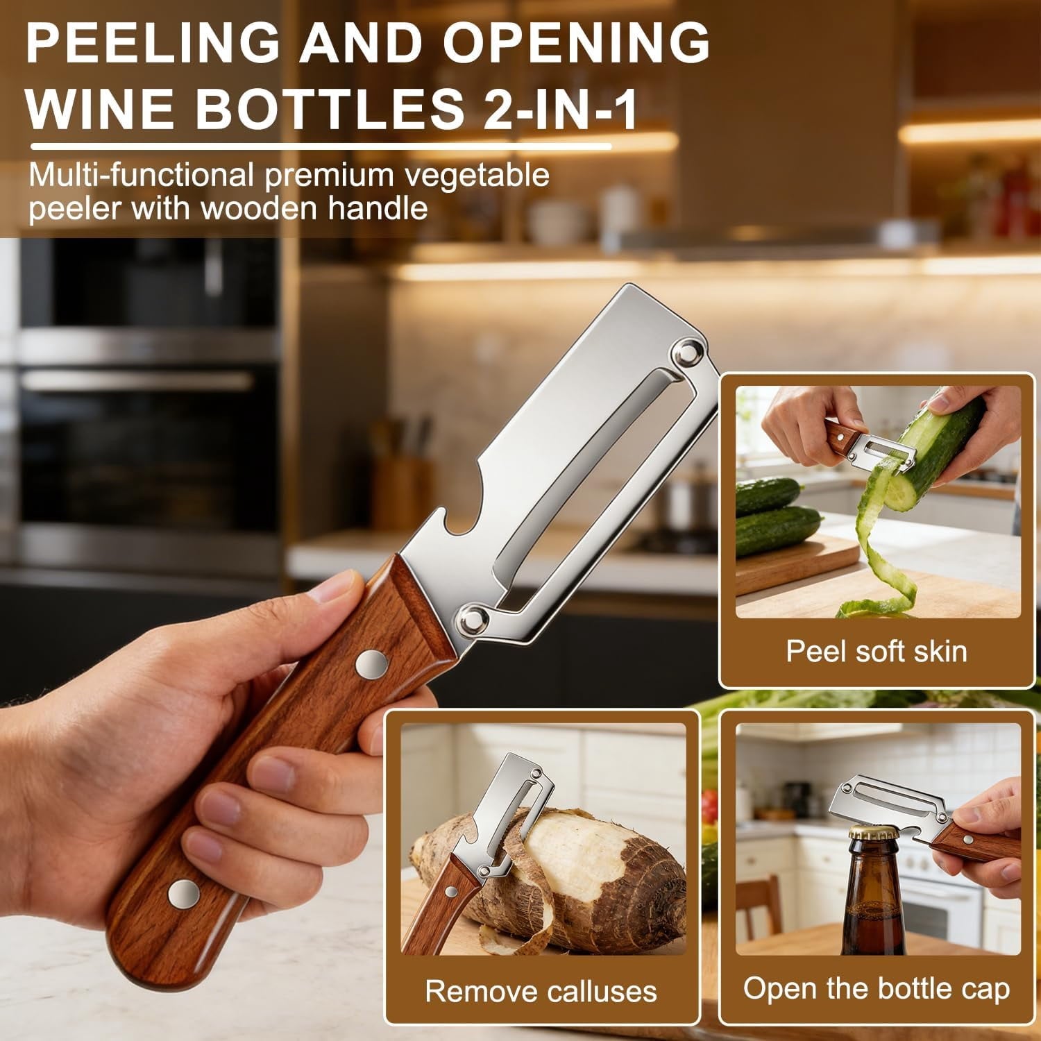 2PCS Multi-functional Vegetable Peeler with Wooden Handle and Bottle Opener, Features Solid Wood Handles, Fruit and V... - Image 4