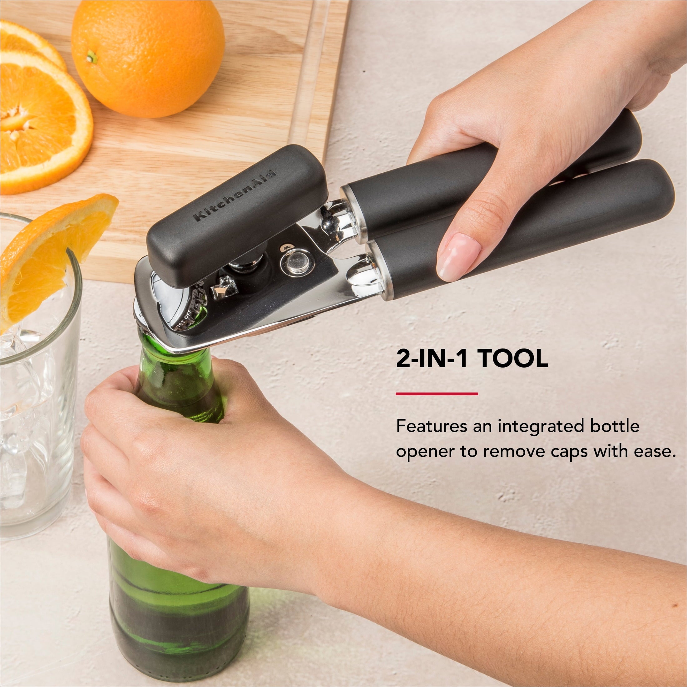 Stainless Steel Manual Can Opener with Bottle Opener and Ergonomic Grip, Black - Image 3