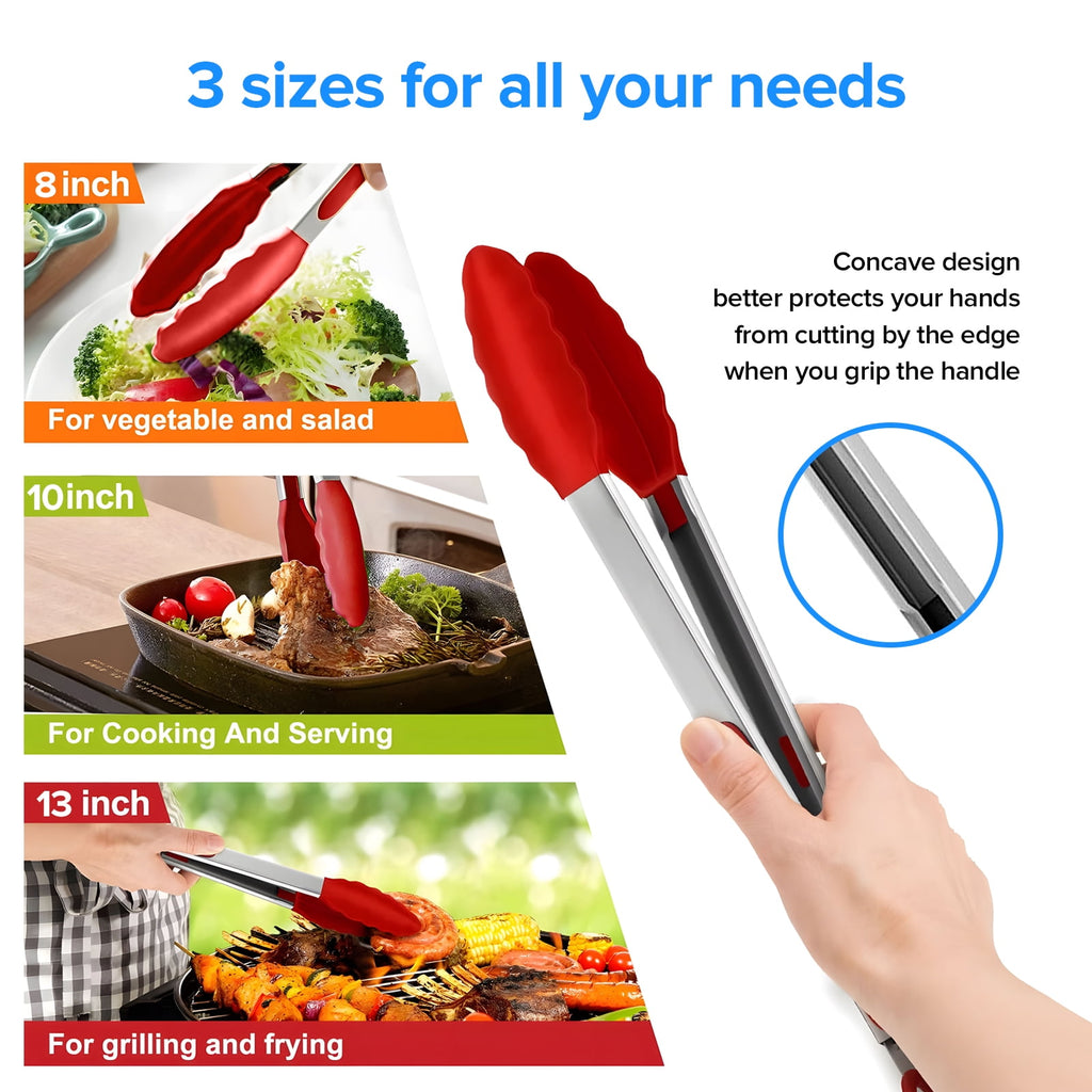 Bundlepro Stainless Steel Kitchen Locking Cooking Tongs with Silicone Tips,Set of 3-7" 9" 12", Red - Image 5