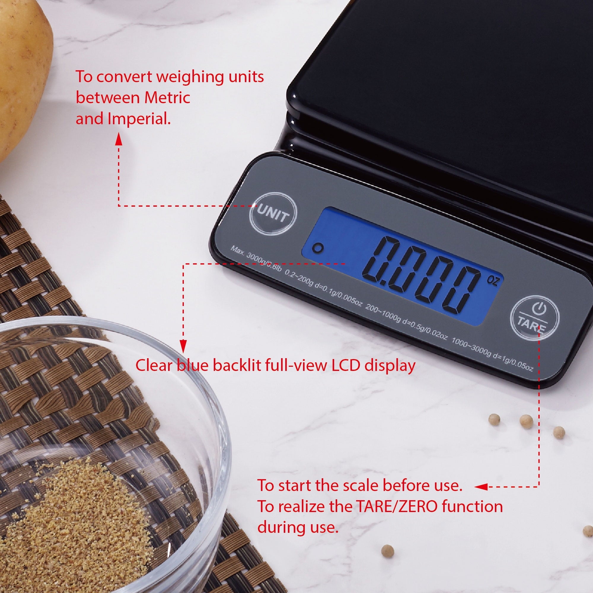 Mainstays 6LB High Precision Digital Kitchen Scale with Blue Backlit, Black - Image 3