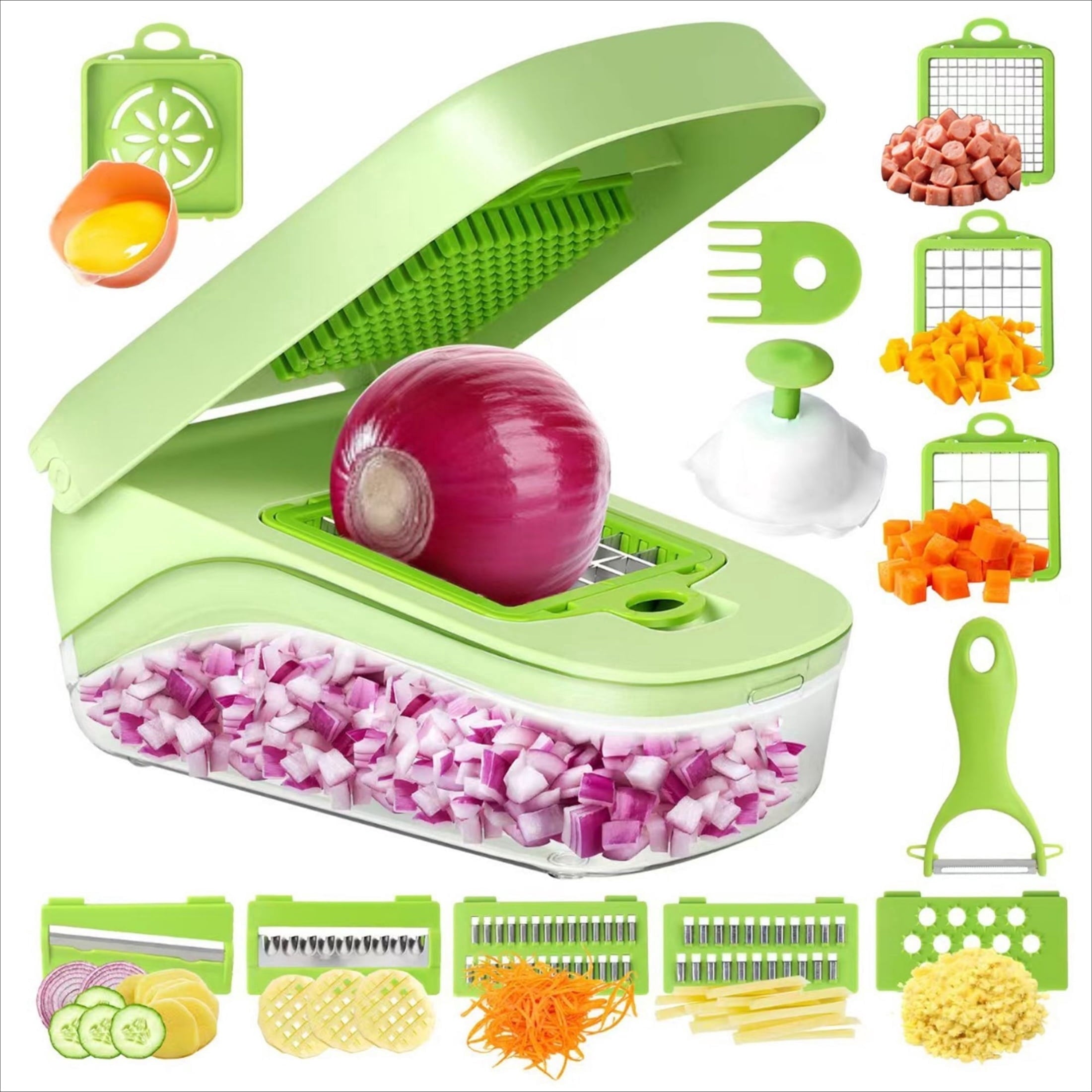 All-in-1 Vegetable Chopper with 8 Blades & Container - Dishwasher Safe, Mandoline Slicer & Shredder for Potato, Onion...