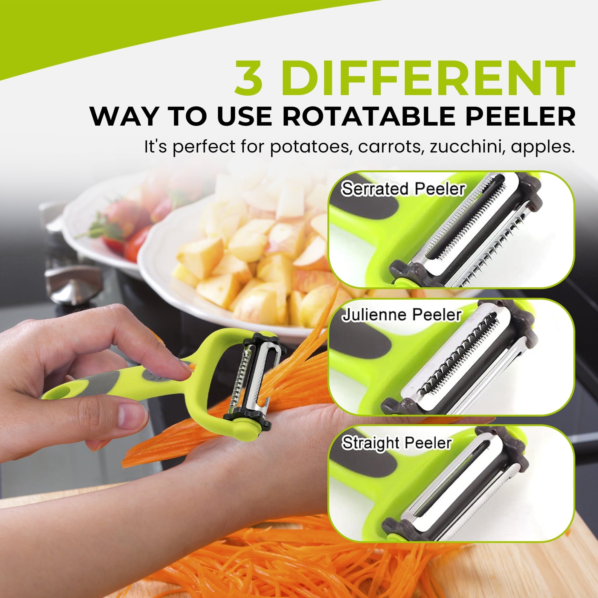 NextG Ideaz 3 In 1 Rotatable Stainless Steel Blade Vegetable Peeler, Vertical Serrated & Straight Peeler, 3pcs Set - Image 6
