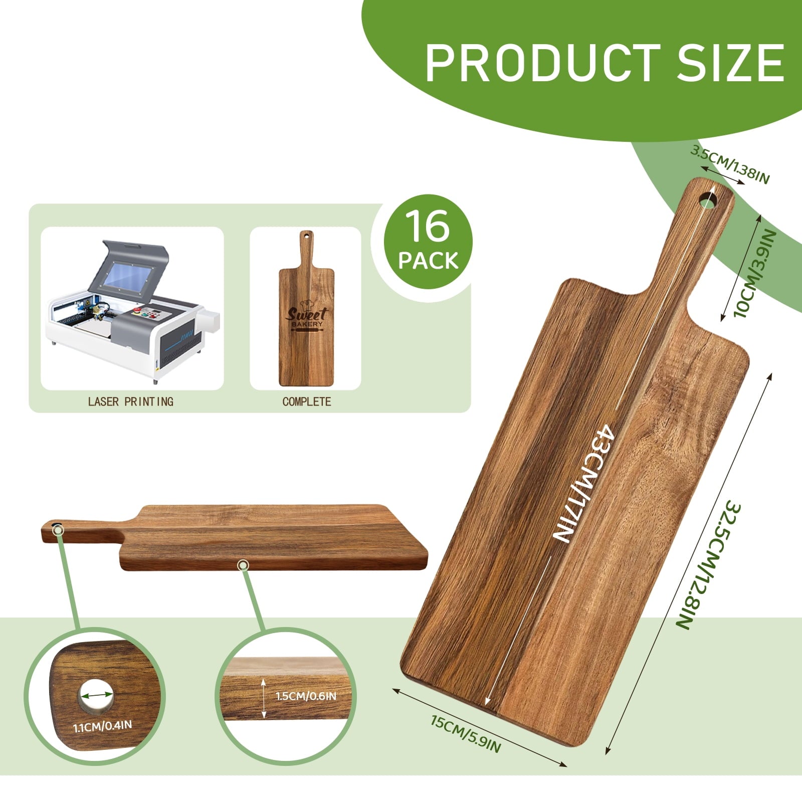5 Pack Acacia Wood Cutting Board Bulk Wooden Serving Tray Kitchen Chopping Boards with Handle for Laser Engrave (17 x... - Image 2