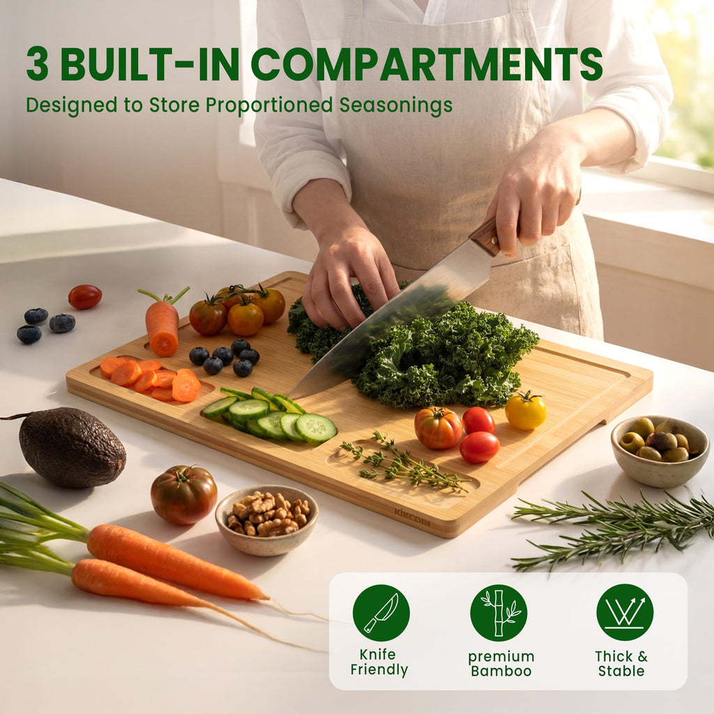 Kikcoin Bamboo Cutting Board Set of 3, Heavy Duty Kitchen Chopping Boards with Juice Grooves, Reversible Charcuterie ... - Image 4