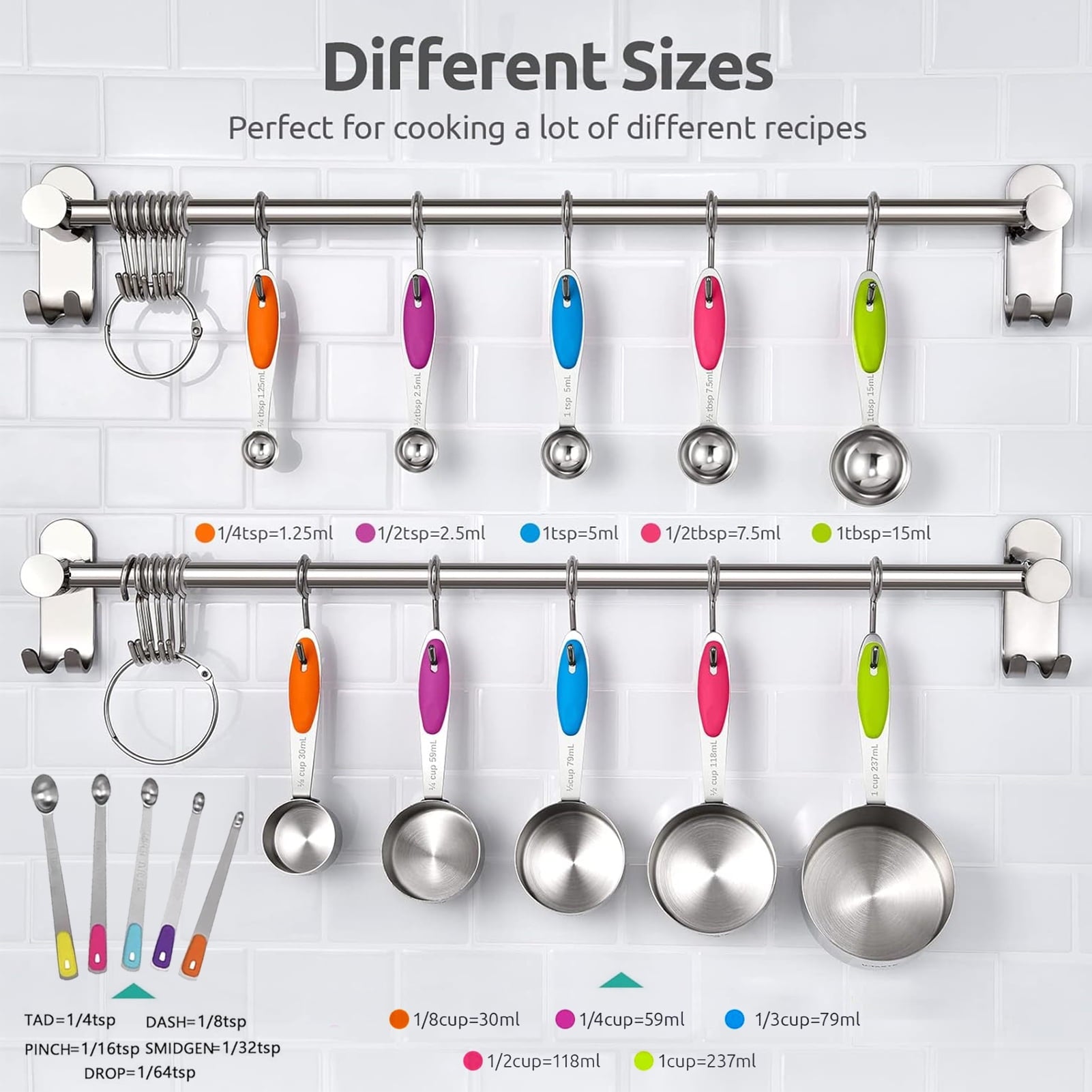 Stainless Steel Measuring Cups and Spoons Set of 15, 5 Stainless Steel Nesting Measuring Cups & 5 Spoons, 5 Mini Meas... - Image 5