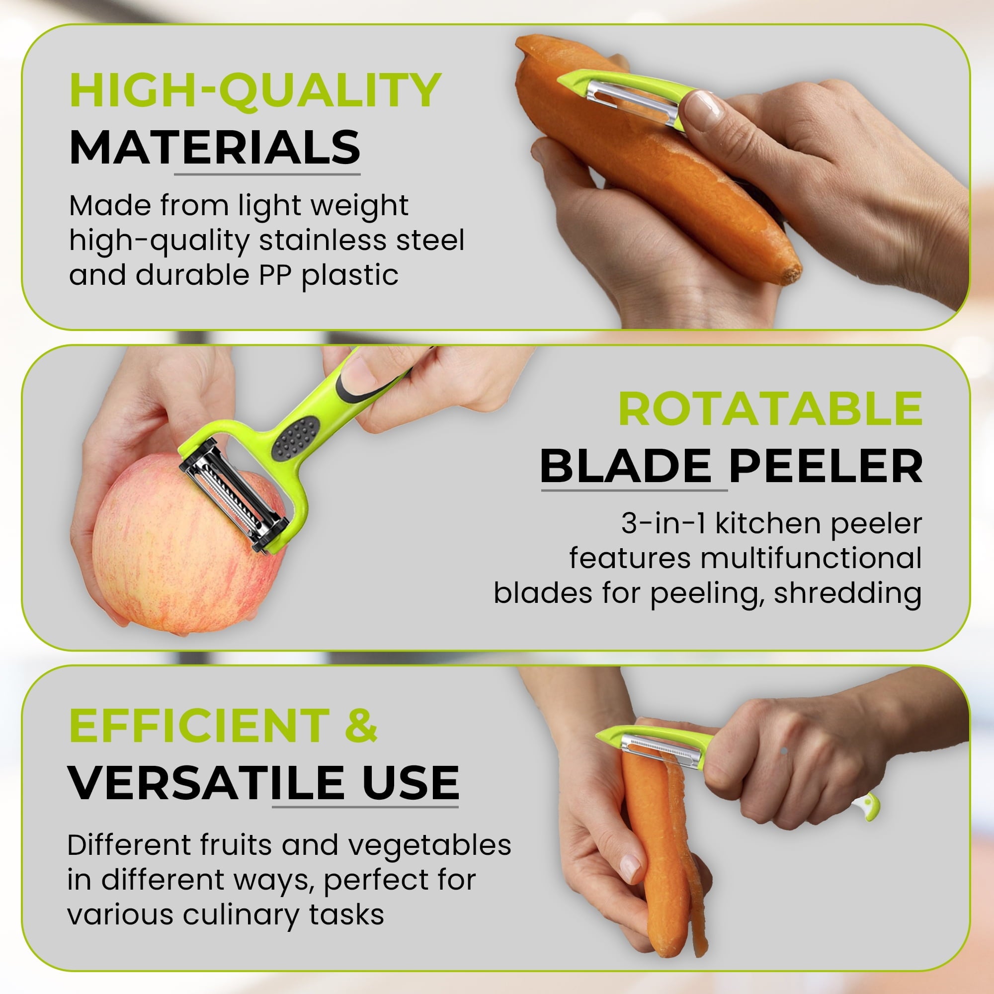 NextG Ideaz 3 In 1 Rotatable Stainless Steel Blade Vegetable Peeler, Vertical Serrated & Straight Peeler, 3pcs Set - Image 3