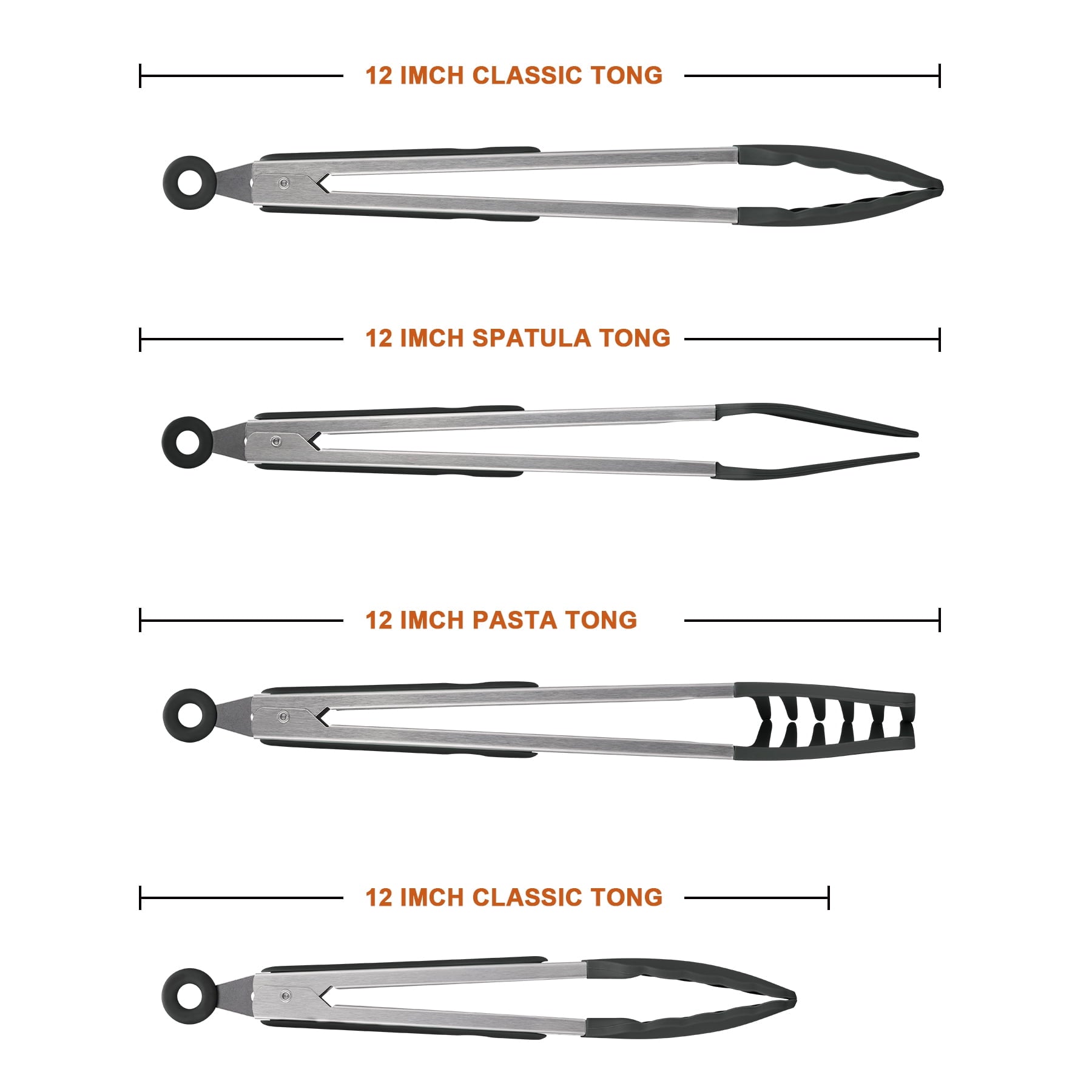 4in1 Stainless Steel Kitchen Food Tongs Set for Cooking with BPA Free Silicone Tips, Toaster Steak Pie Pizza Pasta Sp... - Image 3