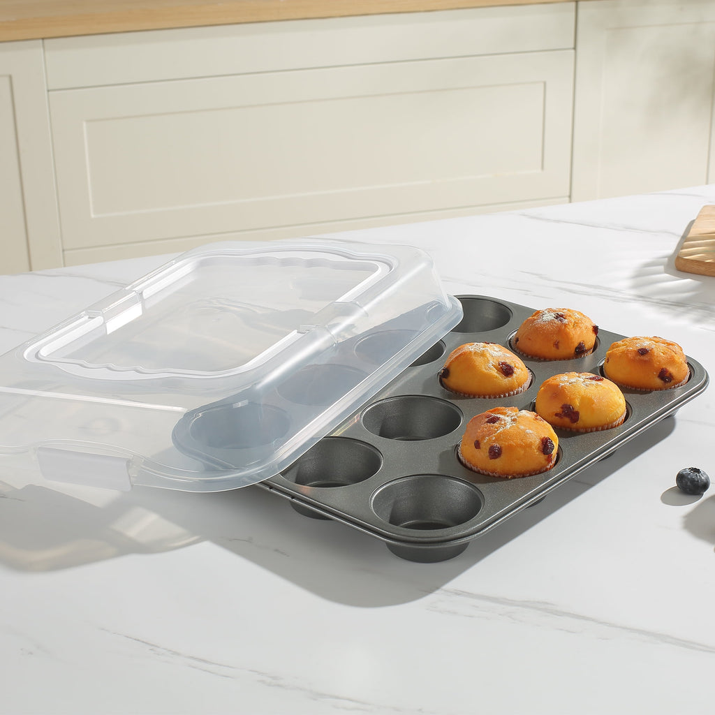Mainstays 12 Cup Muffin Pan with Covered Carrier, Carbon Steel Bakeware, Plastic Cover - Image 5