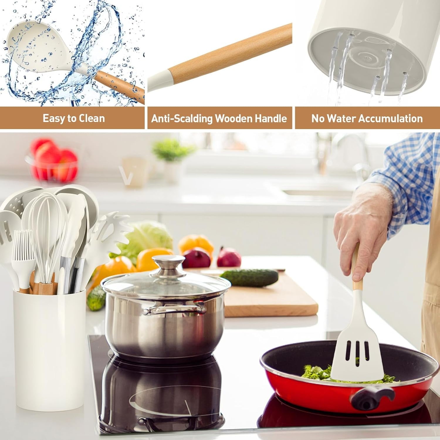 Behome Cooking Utensils Set, 12 packs Non-Stick Silicone Cooking Kitchen Utensils Spatula Set with Wooden Handles and... - Image 4