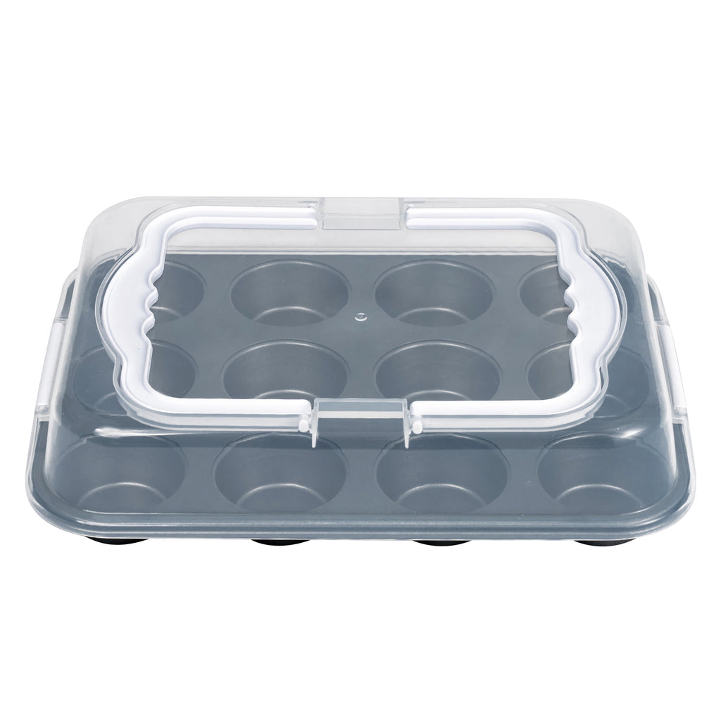 Mainstays 12 Cup Muffin Pan with Covered Carrier, Carbon Steel Bakeware, Plastic Cover - Image 4