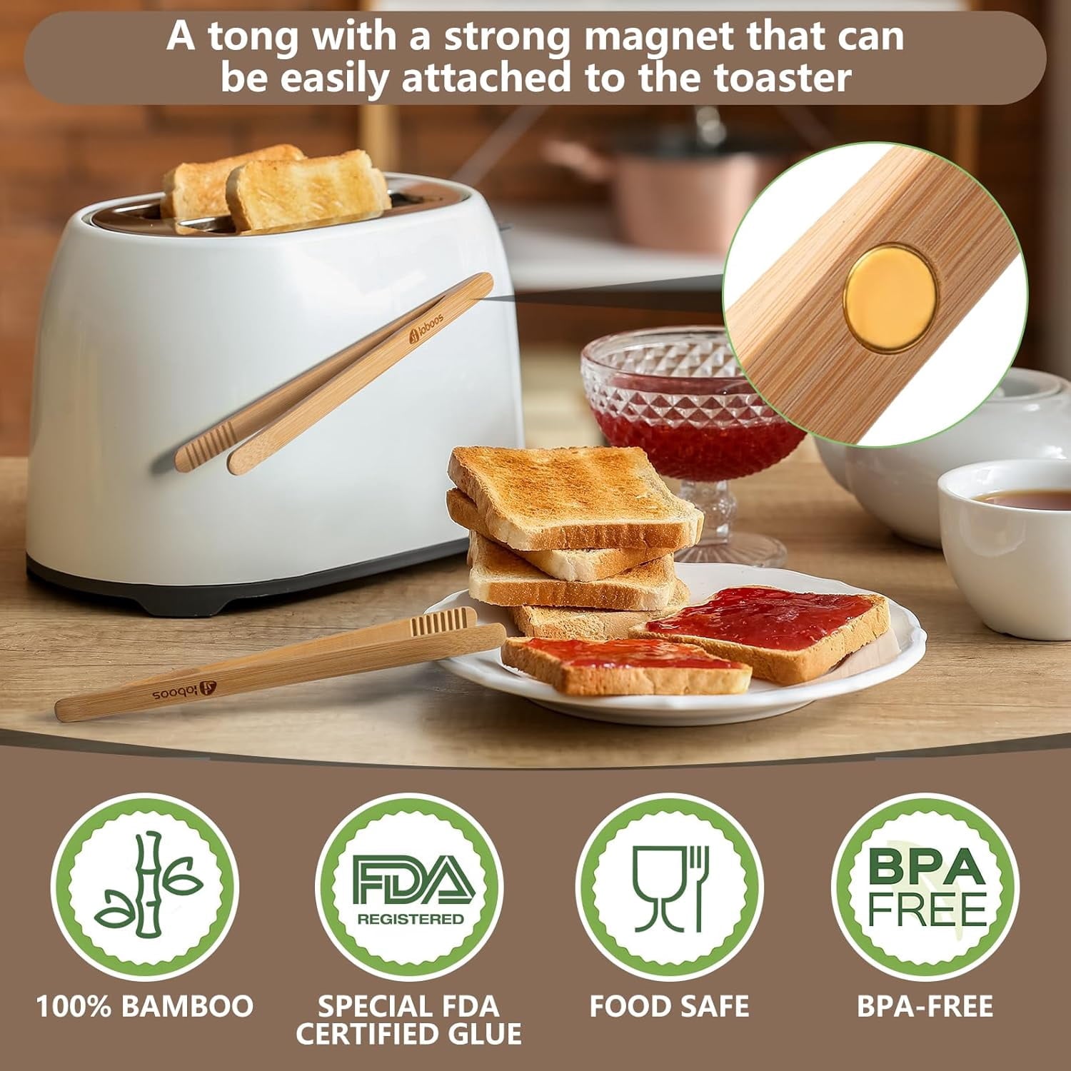Magnetic Classic Bamboo Toast Tongs - Wood Cooking Tong,Ideal for Toaster,Fruits, Bread & Pickles, Kitchen Utensil fo... - Image 3