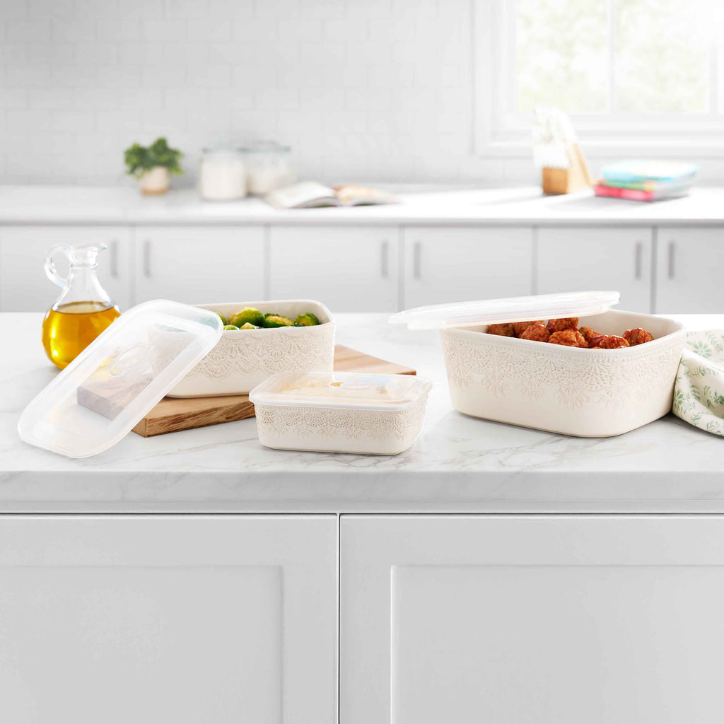 The Pioneer Woman Vintage Lace 6-Piece Nesting Casserole Baking Dish Bakeware Set with Lids, Linen - Image 2