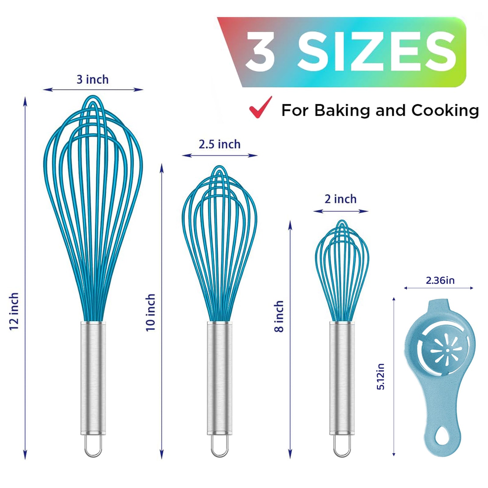 GMZW 4 Pieces Silicone Whisks Set with Yolk Separator, Wire Balloon Whisks Egg Beater, Non-slip Handle Whisk for Non-... - Image 2