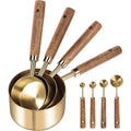 8Pcs Measure Cup and Spoon Set Gold Measuring Cup Spoon Set with Wooden Handle Stainless Steel Stackable Kitchen and ...
