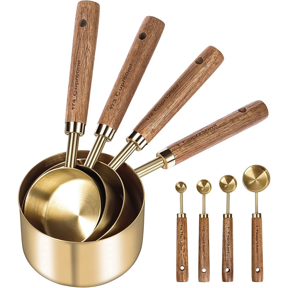 8Pcs Measure Cup and Spoon Set Gold Measuring Cup Spoon Set with Wooden Handle Stainless Steel Stackable Kitchen and ...